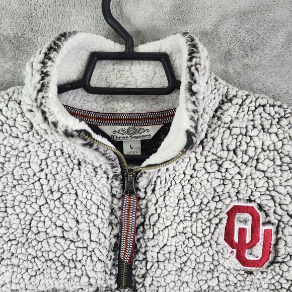 Womens Gray Three Square Faux Fur Sherpa Pullover Jacket 1/4 Zip OU Sooners L - Picture 7 of 11
